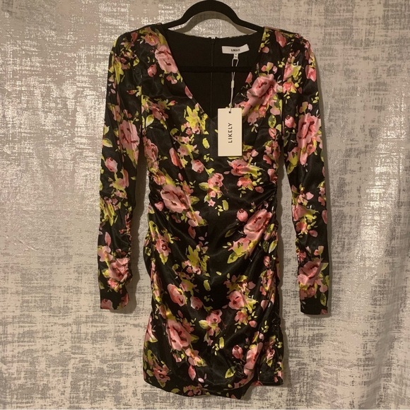 LIKELY Black satin floral print flowers Gabriella Dress size 0 REVOLVE NEW - Picture 4 of 13